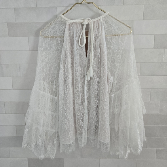 Alice + Olivia Delia Ruffled Lace Tunic Top Blouse White Sheer Mesh Bell Sleeve - Picture 8 of 10